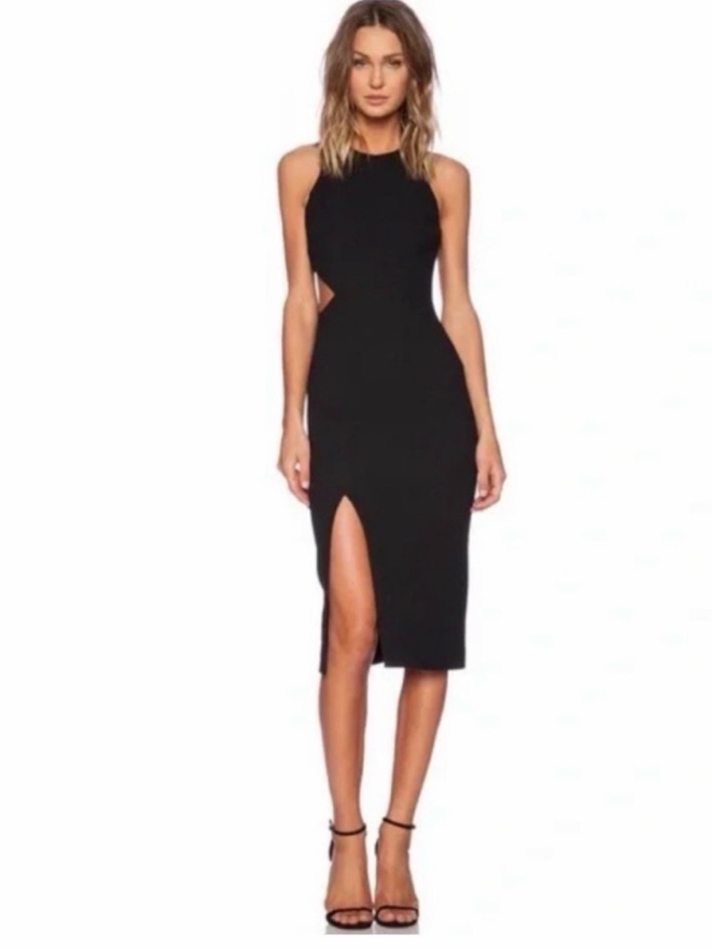 Elizabeth & James Women's Black Cutout Midi Dress with Front Slit